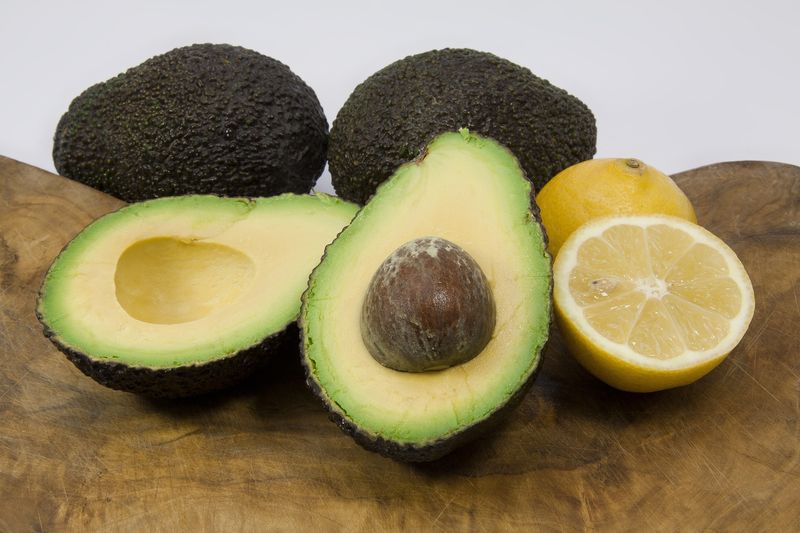 Photo d'avocat, pulpe, et à  droite,  des tranches de citron