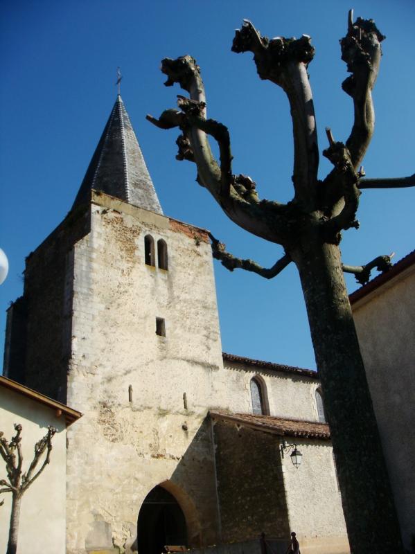 Tour carrée de l'église Saint-Pierre à Amou, dans le département des Landes.
