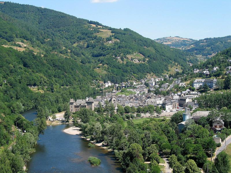 Le bourg d'Entraygues-sur-Truyère avec le Lot au premier plan et la Truyère au second plan, dans le département de l'Aveyron .