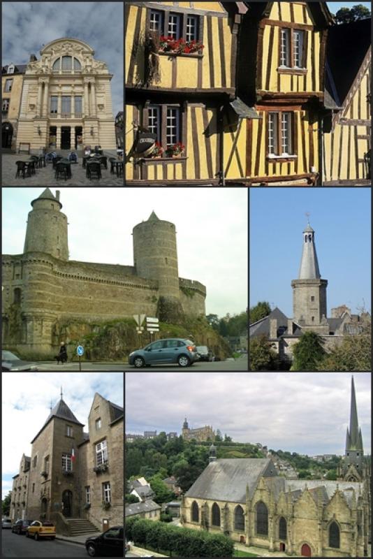 De gauche à droite puis de haut en bas : 1/ Le théâtre Victor-Hugo 2/ maisons a pans de bois dans la basse ville 3/ Le château 4/ Le beffroi 5/ L'hôtel de ville 6/ L'église Saint-Sulpice.