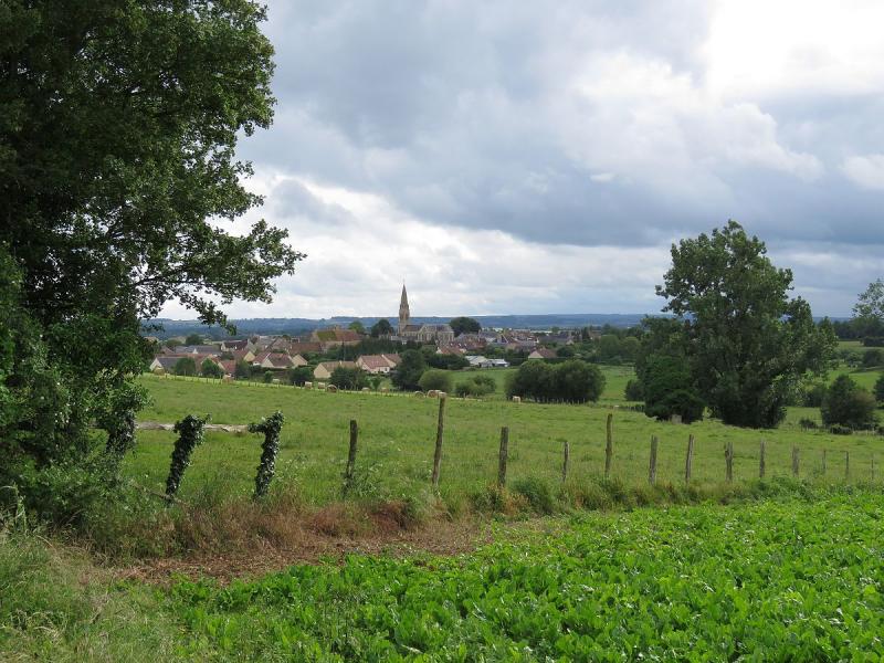 Vue du village de Fyé depuis les Blutteries, dans le département de la Sarthe.