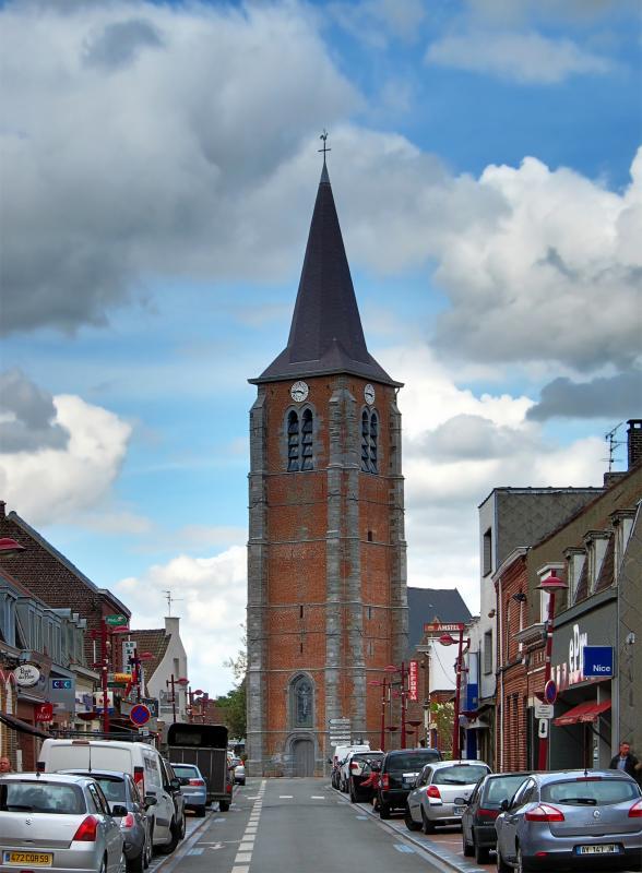 Photo du clocher de l'église de clocher de Leers, en région Hauts-de-France.