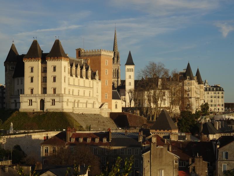 Vue sur Pau, avec le château de Pau, le clocher de l'église Saint-Martin, la tour du Parlement et le Gassion