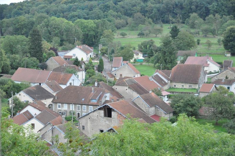 Le château et l'église depuis la fontaine, à Vallerois-le-Bois, dans le département de la Haute-Saône.