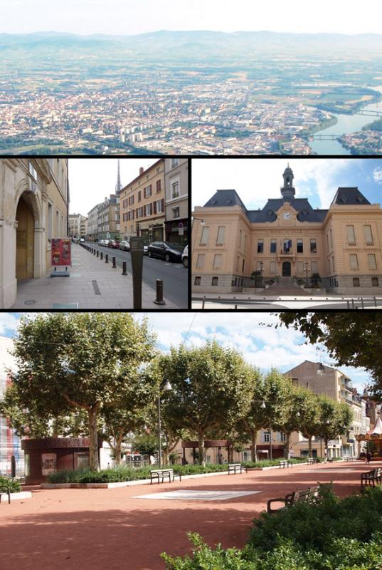 En haut Villefranche vue du sud, à gauche la rue de la Sous-Préfecture, à droite l'hôtel de ville, en bas la place des Arts.