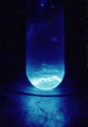Tube de quartz (ø 9 mm) contenant env. 300 microgrammes d'einsteinium 253. La Lumière produite est le résultat de l'intense irradiation du 253Es qui se désintègre via des rayons alpha (6,6 MeV, 1000 watts/g) avec une demi-vie de 20,5 jours.