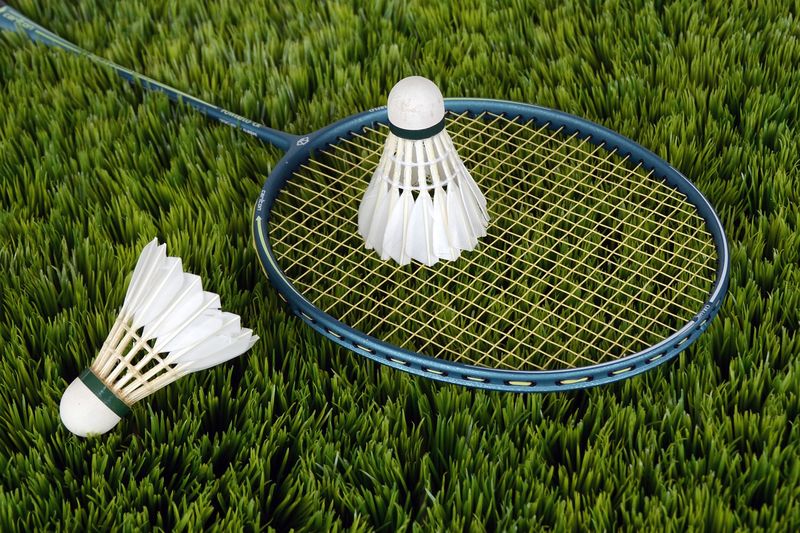 Une raquette de badminton et deux volants sur une pelouse