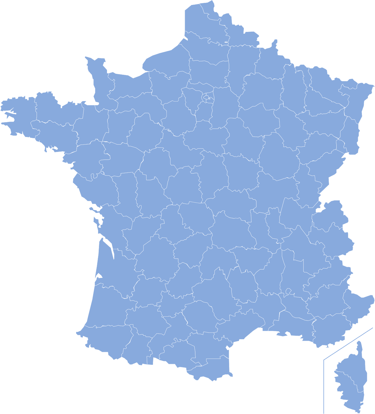 Carte stylisée des départements français, sans texte, illustrant le découpage administratif 2025.