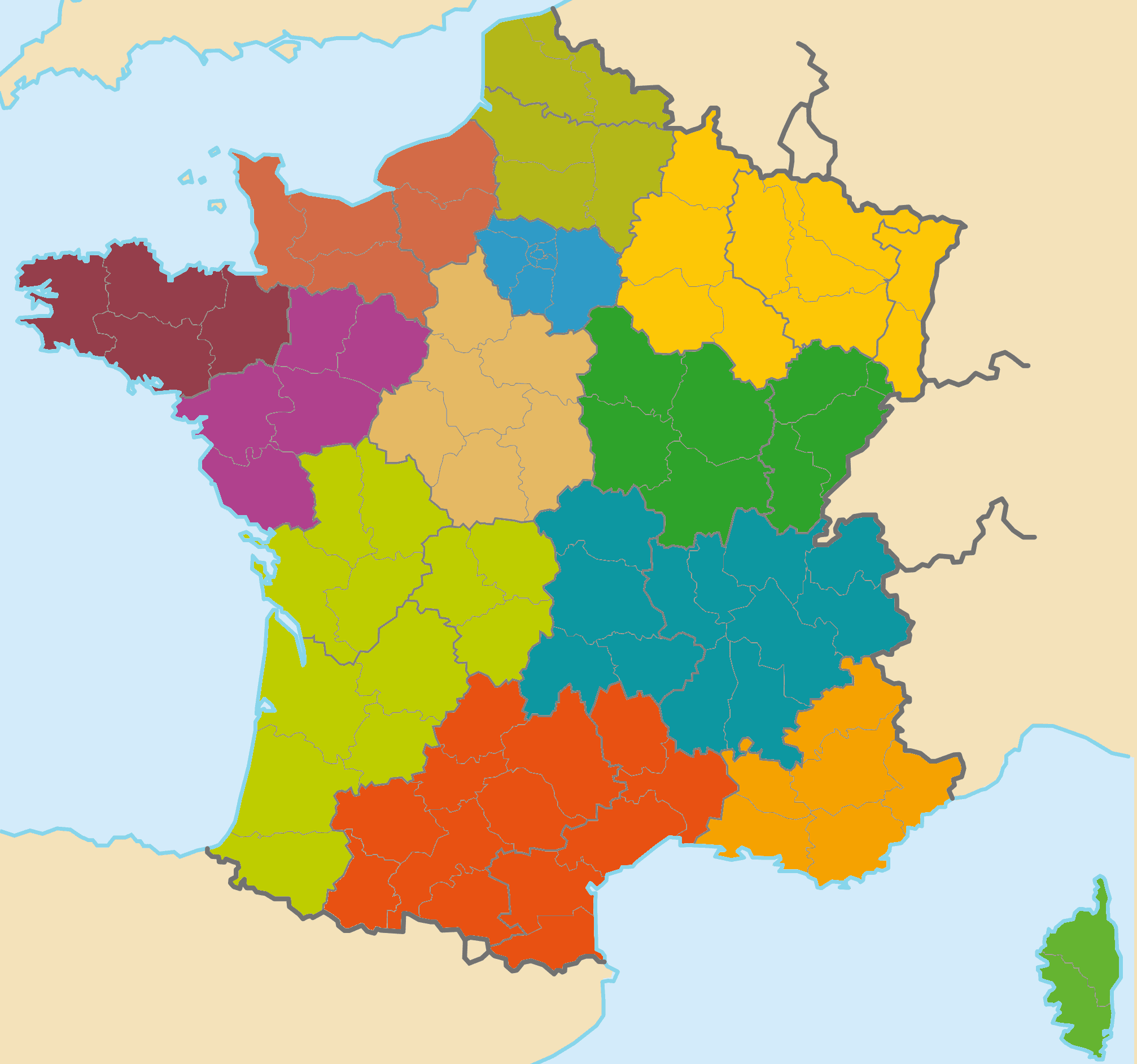 Carte stylisée des régions française, sans texte, illustrant le découpage administratif 2025.